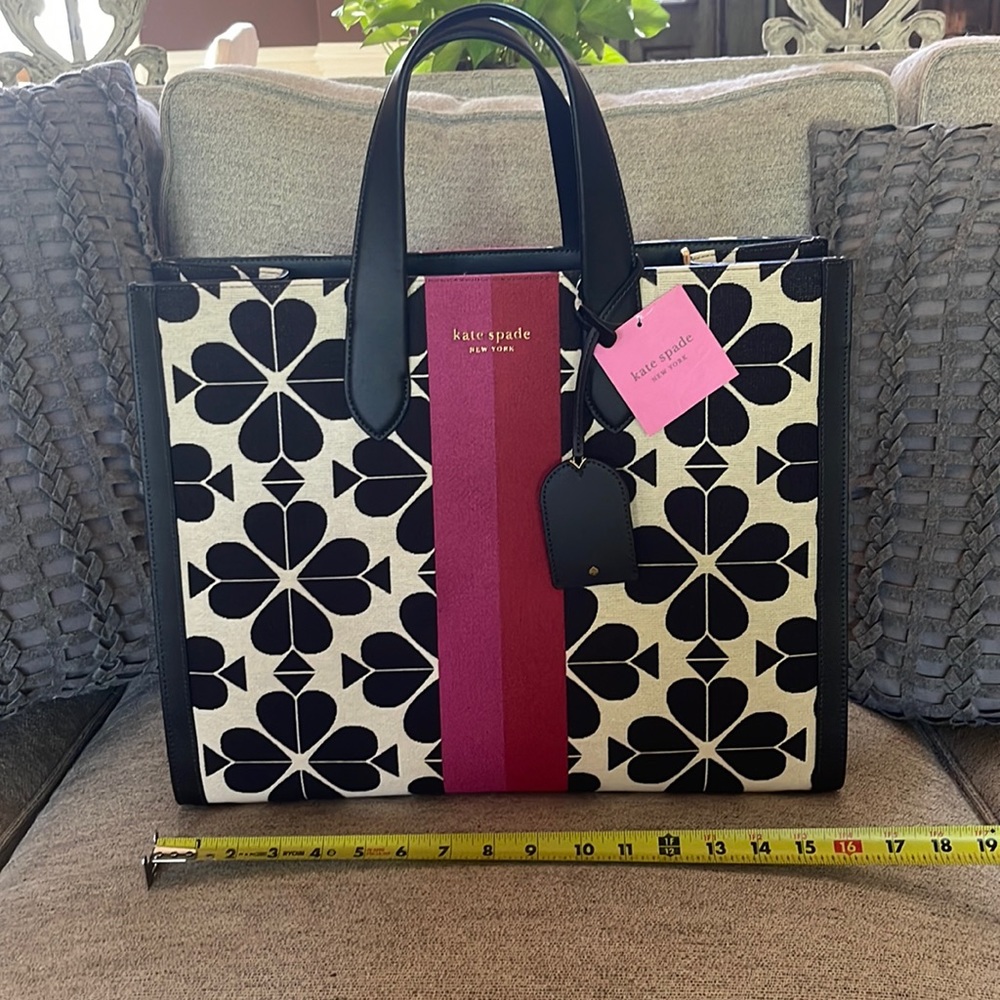 kate spade Black & White Floral Canvas Tote with Pink Stripe